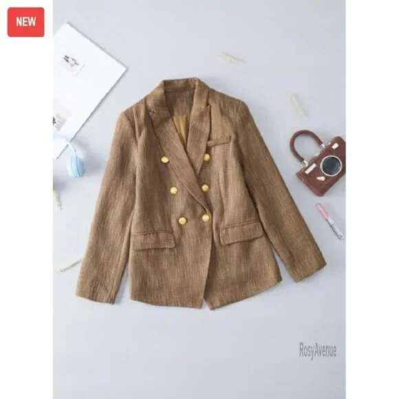 Tweed Blazer Double Breasted Long Sleeve Open Front Work Office - Picture 6 of 8